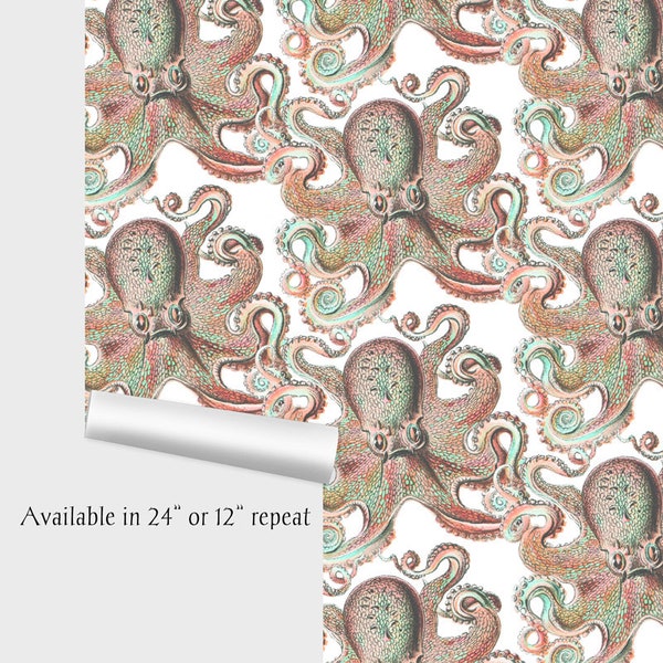 WALLPAPER - Octopus in Coral and Mint - Shelf Liner - Decoupage - Craft