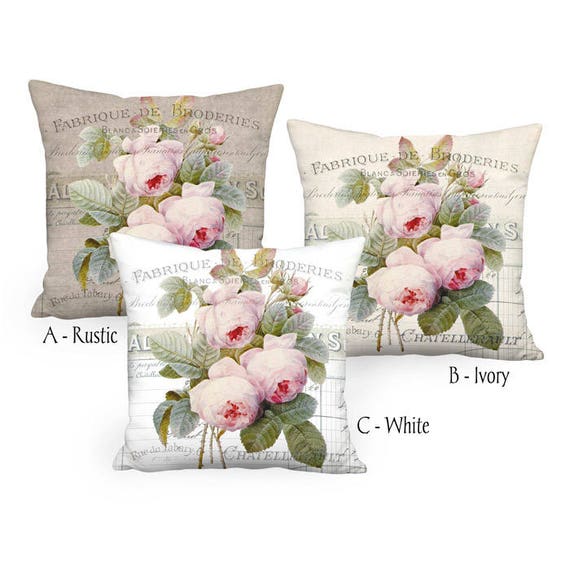 French Document and Roses Pillow Cover Shabby Chic Pillow Etsy