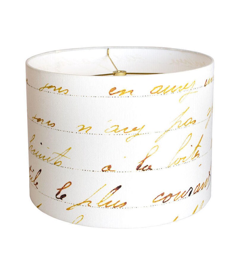 X Large Linen French Script Lamp Shade Bronze Gold And White Lampshade 16 17 18 Inch Drum Custom Made To Order