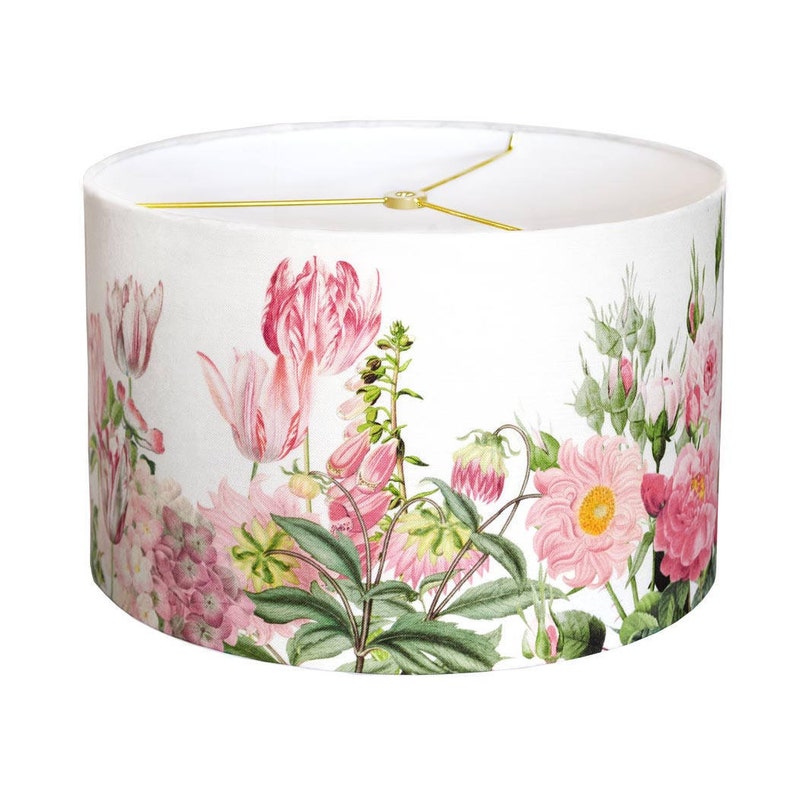 Large Linen Pink Garden Party Drum Lamp Shade Shabby Chic Flower Lampshade 13 14 15 Inch Custom Made To Order