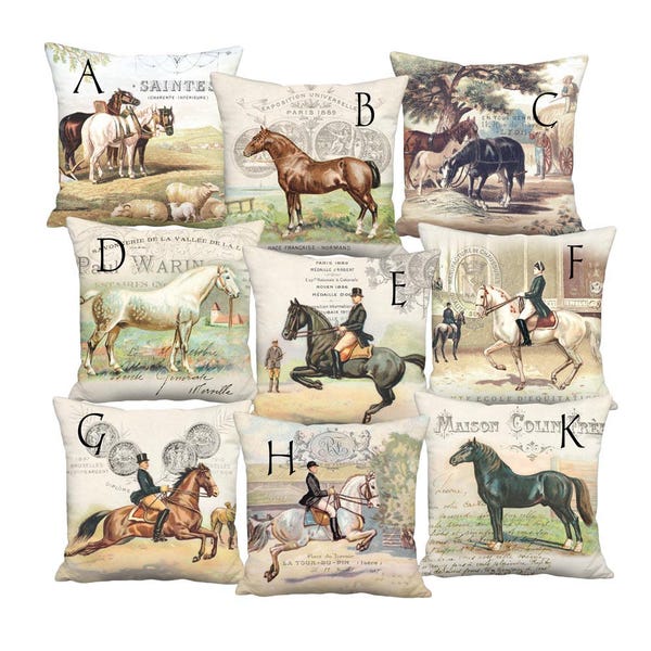 French Farmhouse Horse Linen Cotton Pillow Cover - Pillow - 16x16 18x18 20x20 22x22 24x24 26x26 28x28 Inch Cushion Cover