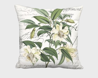 18x18 Inch - READY TO SHIP - Linen Cotton Magnolia and Famous France Script Pillow Cover - Fits 18 Inch Insert - Finished Size 17x17