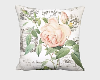 16x16 Inch - READY TO SHIP - Linen Cotton Parfumee Rose Pillow Cover - Cottage Shabby Rose Decor - Fits 16 Inch Insert - Finished Size 15x15