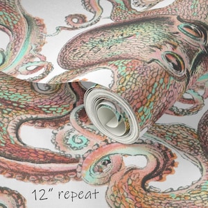 WALLPAPER - Octopus in Coral and Mint - Shelf Liner - Decoupage - Craft