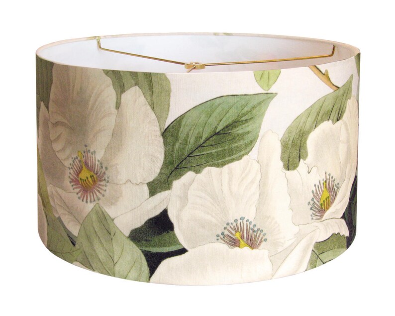 Medium Linen White Blossom Lamp Shade Moss And Cream Botanical Lampshade 10 11 12 Inch Drum Custom Made To Order