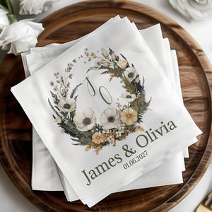 Custom Wedding Napkins, Floral Wreath, Personalized Wedding Napkins, Cocktail Napkins, Wedding Decor, Engagement Party, Bridal Shower Favors