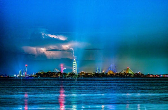 Cedar Point Sandusky Ohio Skyline Lightning Storm Photo Art Print