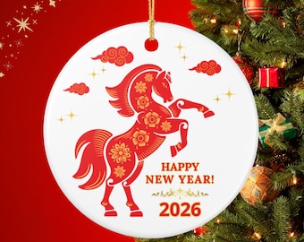 2026 Happy New Year | Fiery Horse 2026 Ornament | Symbol of the Fire Horse Year, New Year & Feng Shui Gift Ceramic | Christmas Ornament