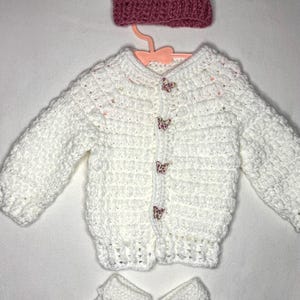 Crocheted baby set – white with butterfly buttons, pink details | Jacket, hat, socks | Size 68 | Unique handmade piece | Gift idea