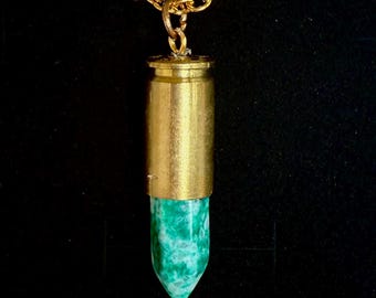 Bullet Shell Necklace with Crystal – Adjustable Faux Gold Chain – Handmade Boho Jewelry – Healing Stone Pendant