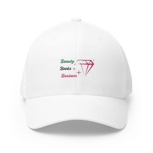 Beauty, Book & Business Closed-Back Structured White Cap Green, Black, and Pink (Embroidery)