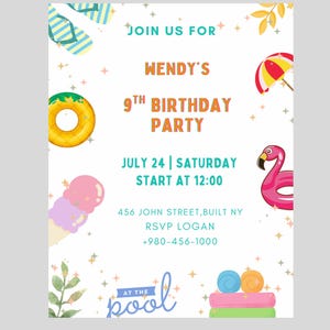 Invitación a fiesta de cumpleaños de verano, invitación de cumpleaños, tarjeta de invitación de cumpleaños, invitación a fiesta, plantilla personalizable en Canva, fiesta divertida en la piscina