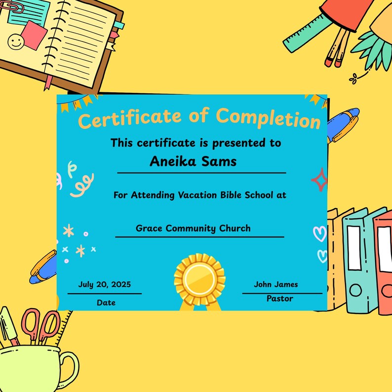 Vacation Bible School Ribbons For Graduation Vacation Bible School Certificate Summer Certificate Church School ...