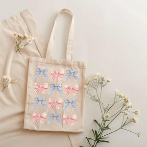 Fourth Of July Bow Tote Bag, Independence Day Canvas Bag, USA Memorial Day Shopping Tote, Red White Blue Shoulder Bag, American Flag
