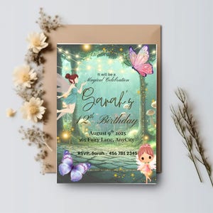 Convite de 12º aniversário da Fada do Jardim Encantado | Modelo editável do Canva | Cartão de festa digital mágico para meninas