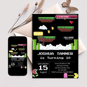 Faire-part d'anniversaire jeu vidéo modifiable - Modèle de fête Gamer Boy de niveau supérieur - Thème 8 bits - Téléchargement immédiat