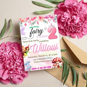 Convite de aniversário de fada para meninas – Modelo editável para 2º aniversário no Canva – Tema de cogumelo floral rosa – Download digital