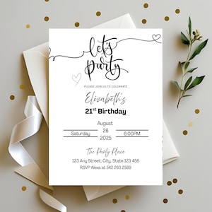 Minimalist Birthday Invitation | Editable Canva Template | Digital Download Evite | Let’s Party Adult Party Invite