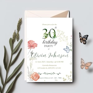 Modelo de convite floral para 30º aniversário no Canva | Convite digital para festa no jardim | Cartão de aniversário editável para mulheres | Download instantâneo
