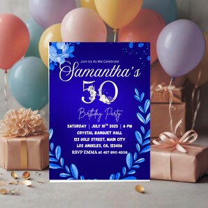 Convite de 50º aniversário em azul royal – Convite digital elegante – Modelo editável do Canva – Download instantâneo