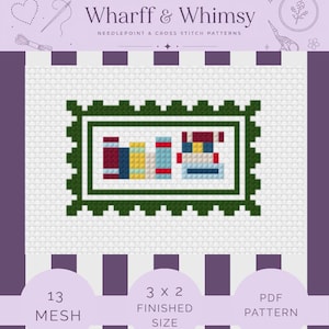 Puede incluir: Un patrón PDF de punto de cruz y aguja Wharff & Whimsy con un diseño pixelado de libros coloridos dentro de un borde festoneado verde oscuro. El gráfico incluye el texto 13 MESH y 3 x 2 FINISHED SIZE sobre un fondo de rayas.