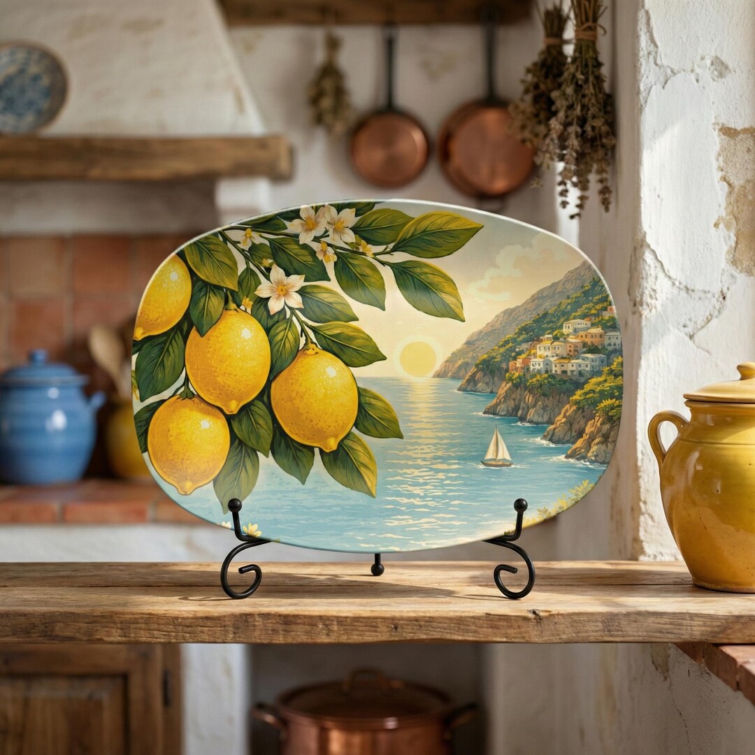 Amalfi Coast Lemon Serving Plate: Italian Coastal Oval Platter for