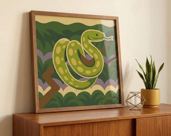 Green Tree Python Wall Art: Mid Century Modern Print Retro Snake Illustration Jungle Decor