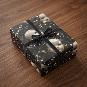 Creepy Doll Wrapping Paper: Haunted Porcelain Head Gift Wrap Horror String Light Dark Gothic