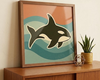 Orca Art Print: Retro Killer Whale Ocean Wave Coastal Wall Decor