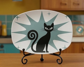 Mid Century Modern Katze Servierplatte: MCM Teal Starburst Atomic Oval Servierplatte Retro Dekor