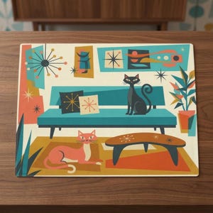 Mid Century Modern Katze Tischset: Atomic Retro Wohnzimmer Teal Baumwolle Essmatte