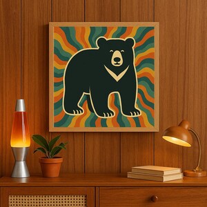 70年代風ブラックベアのアートプリント – レトロボヘミアン風ミッドセンチュリーモダンインテリア