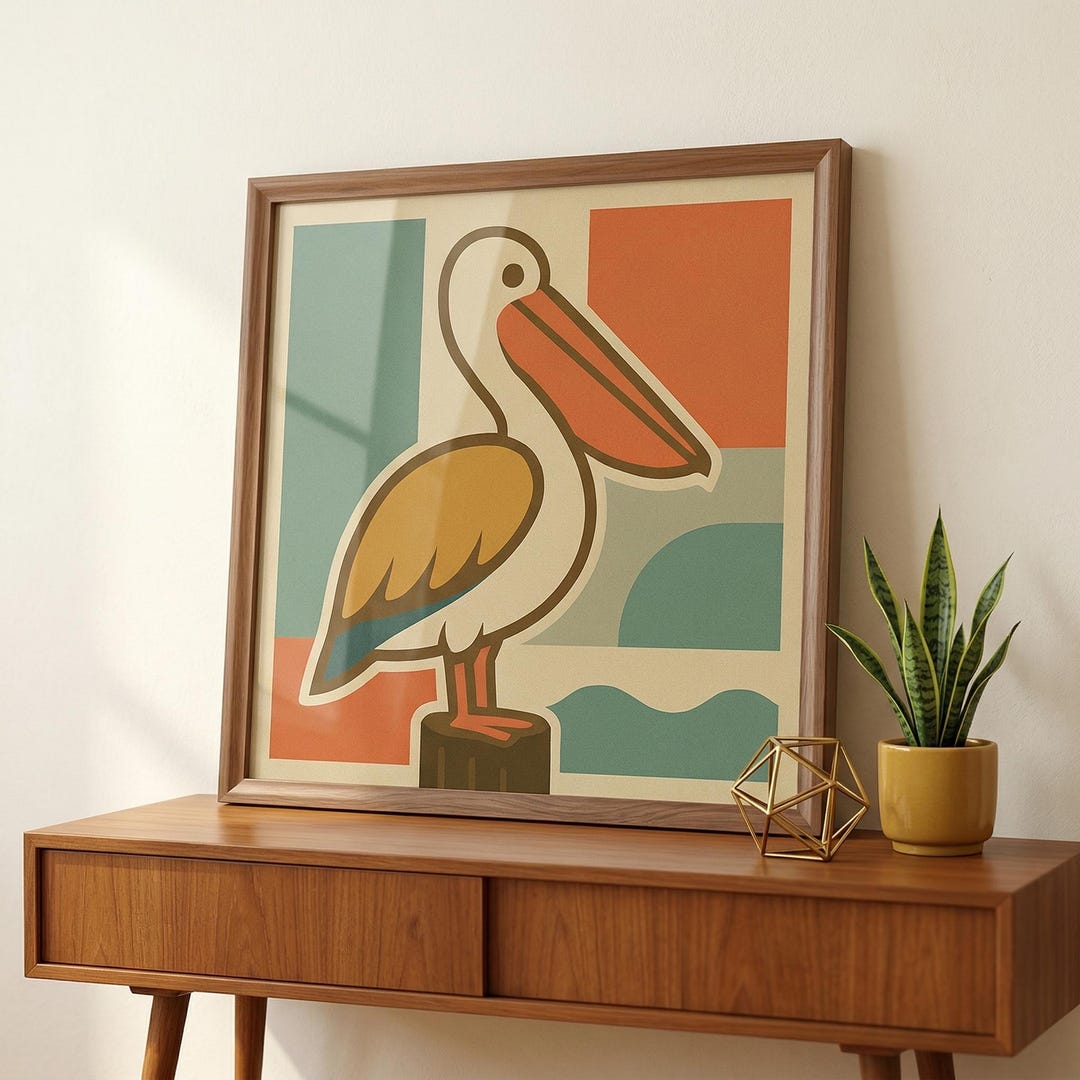 Pelican Wall Art: Mid Century Modern Print Retro Coastal Decor MCM Bird ...