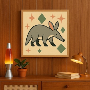 Lámina artística retro boho de oso hormiguero de los años 70 – Decoración de pared bohemia moderna de mediados de siglo – Arte animal funky – Póster con ilustración psicodélica