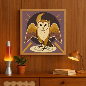 Lámina artística de búho campestre retro bohemio de los años 70: decoración de pared bohemia moderna de mediados de siglo con un toque moderno de animales y póster con ilustración psicodélica.