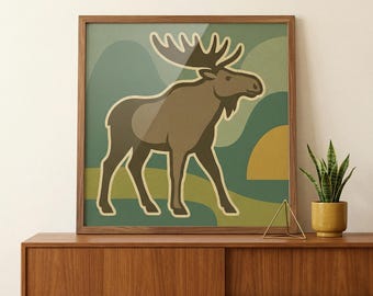 Moose Art Print: Retro Woodland Forest Cabin Lodge Animal Wall Decor