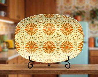 Orange Floral Plate: Vintage Pyrex Inspired Platter 10x14 Retro