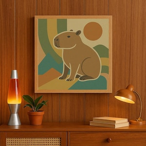 Lámina artística de capibara retro bohemia de los años 70: decoración de pared bohemia moderna de mediados de siglo con un toque moderno de estilo bohemio, arte animal original y póster con ilustración psicodélica.