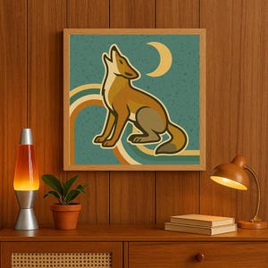 Lámina artística de coyote retro bohemio de los años 70: decoración de pared bohemia moderna de mediados de siglo con un toque moderno de animales - Póster con ilustración psicodélica