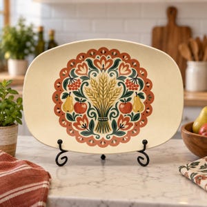 Puede incluir: Una bandeja de servir ovalada de color crema con una ilustración central de tallos de trigo dorados rodeados de manzanas rojas, peras amarillas y hojas verdes, todo ello encerrado en un borde decorativo festoneado en naranja y verde oscuro.