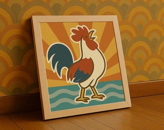 Rooster Wall Art: Mid Century Modern Print Retro Kitchen Decor Farmhouse Sunburst
