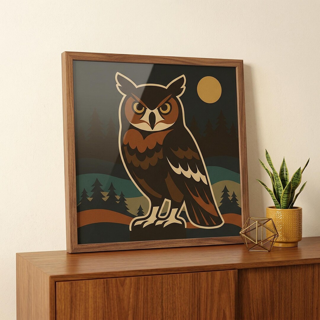 Great Horned Owl Art Print: Dark Forest Cabin Night Moon Nature Wall ...