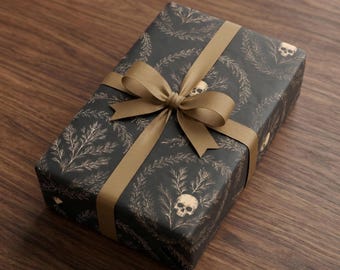 Papel de regalo con corona de calavera: Papel de regalo botánico gótico Dark Academia Halloween Memento Mori