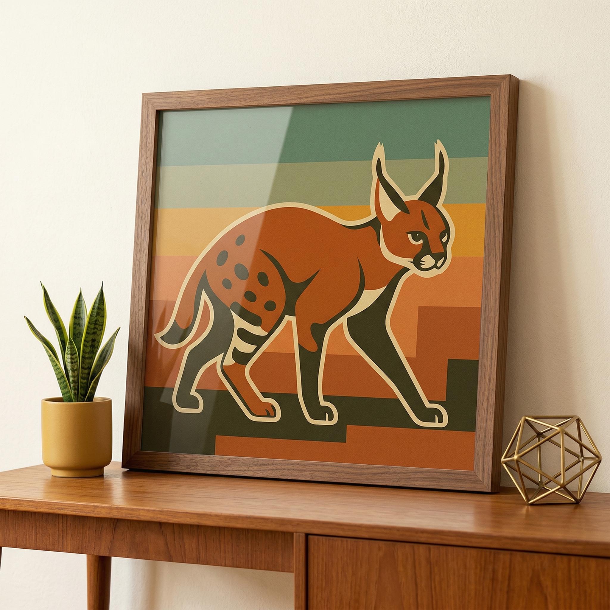信州まなぶ ポスター Caracal Artwork Caracal Art Print: Big Floppa Retro Sunset Stripe Exotic Cat Wall