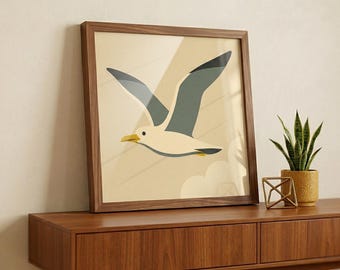 Seagull Wall Art: Mid Century Modern Print Minimalist Coastal Decor Beach House