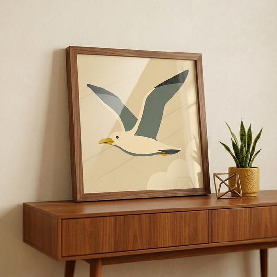 Seagull Wall Art: Mid Century Modern Print Minimalist Coastal Decor Beach House