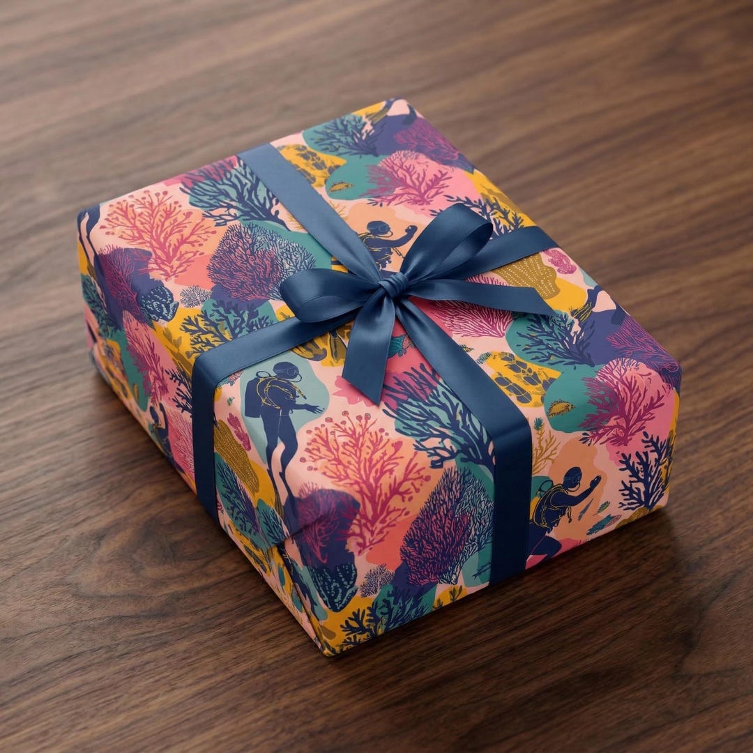 Ocean Wrapped Box Scuba Diver Wrapping Paper: Coral Reef Ocean Gift Wrap Tropical ...
