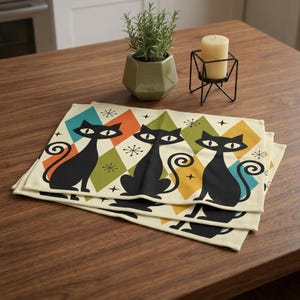 Atomic Black Cat Placemat: Mid Century Modern Harlequin Diamond Retro Cotton Dining Mat