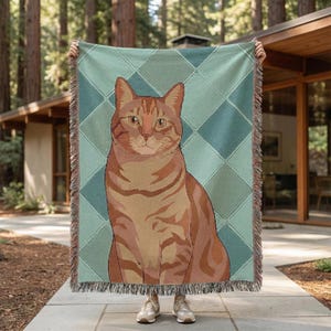 Op de afbeelding: Een geweven sprei met een illustratie van een oranje tabby kat. De kat staat tegen een blauw en groen ruitpatroon. De deken heeft een gefranjerde rand en wordt door een persoon omhoog gehouden.
