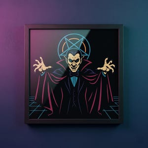 Dracula Synthwave Framed Print: Retro 80s Vampire Wall Art, Pentagram Horror Poster, Occult Neon Decor